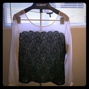 Long Sleeve Black Lace and Cream Sheer Top